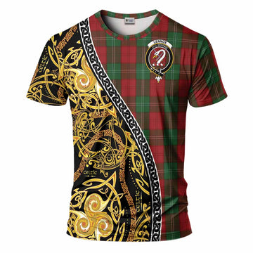 Lennox Tartan Crest T-Shirt Celtic Knot and Triple Trickle Spiral Symbols