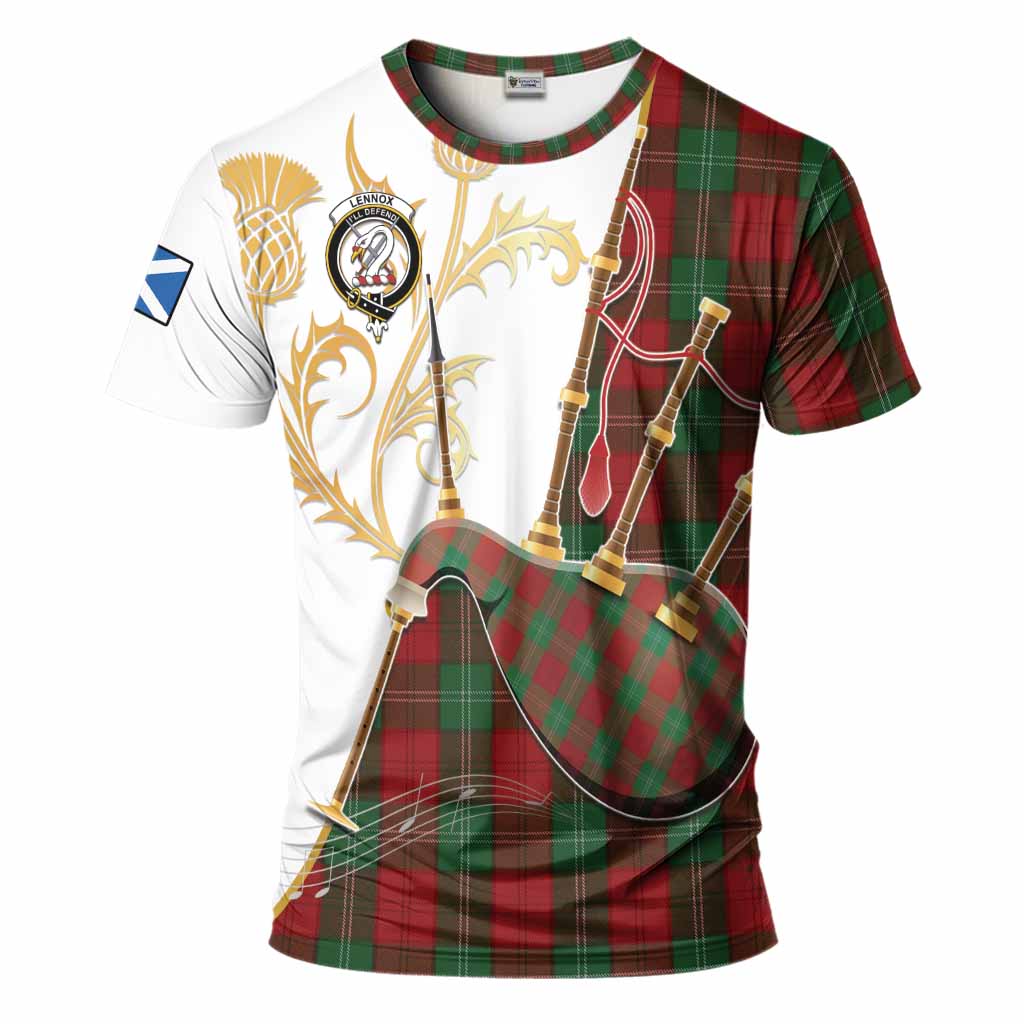 Lennox Tartan Family Crest T-Shirt Bagpipes with Scottish Thistle