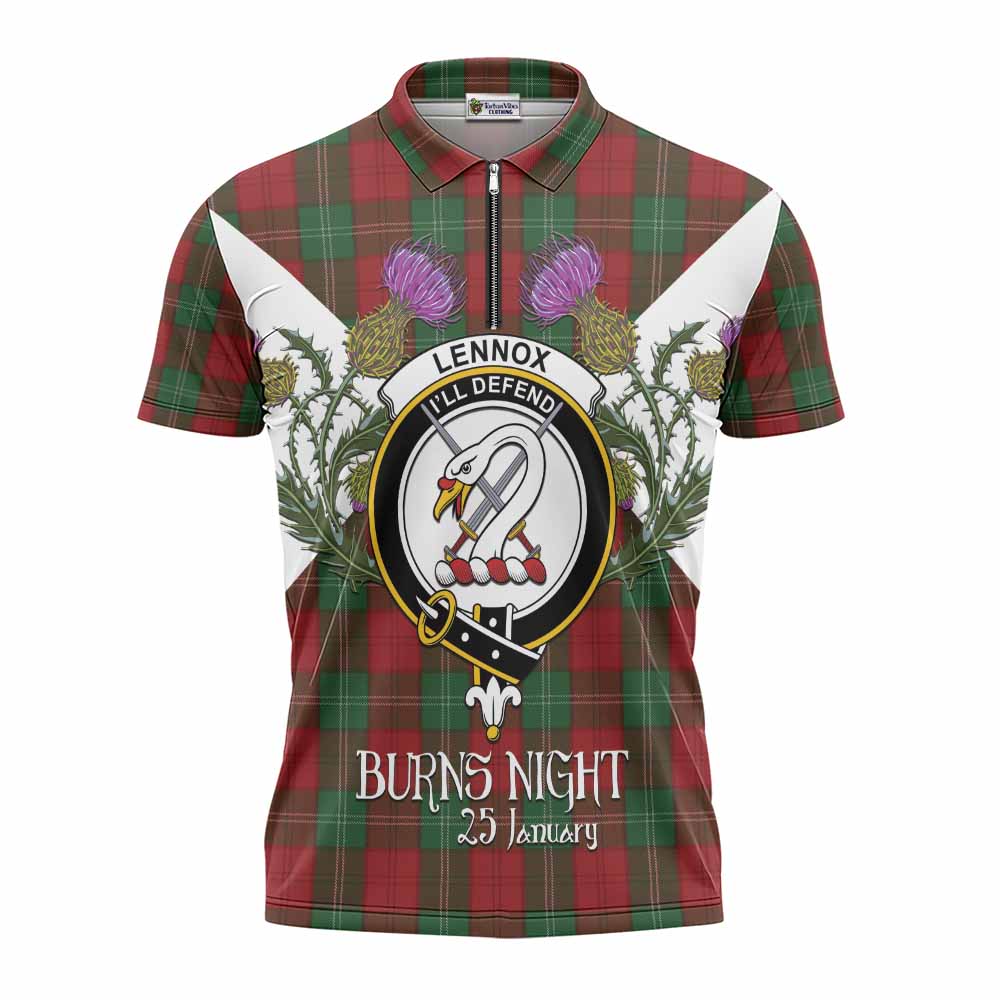 Lennox Tartan Family Crest Zipper Polo Shirt Scottish Burns Night Thistle Floral