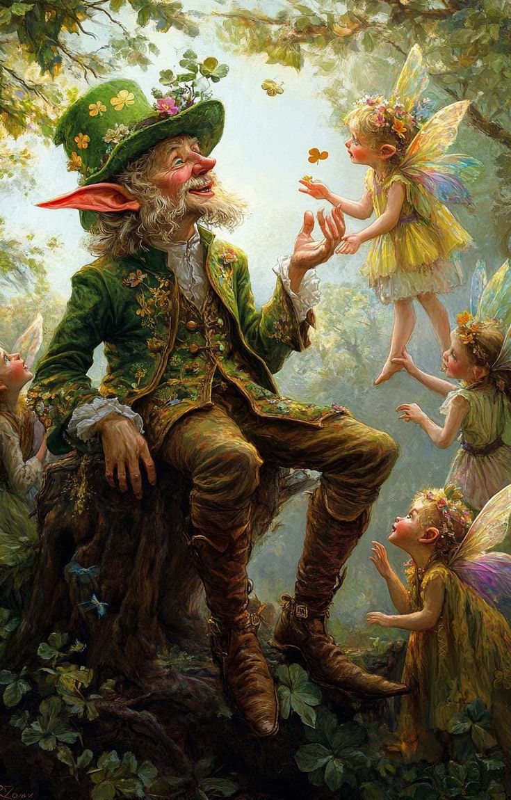 Leprechaun sitting on a tree stump surrounded by small winged fairies.