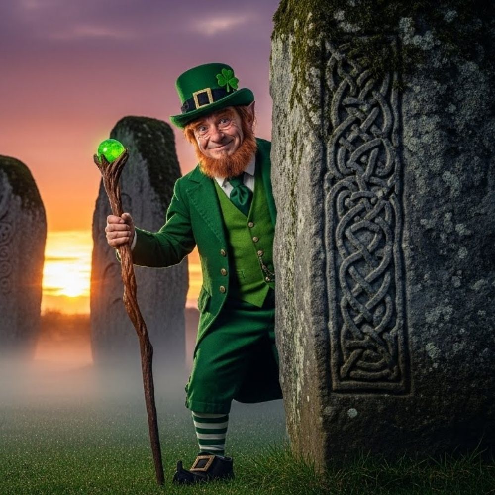 A costumed leprechaun holding a glowing staff peeks from behind a carved stone in a misty Celtic landscape at sunset.