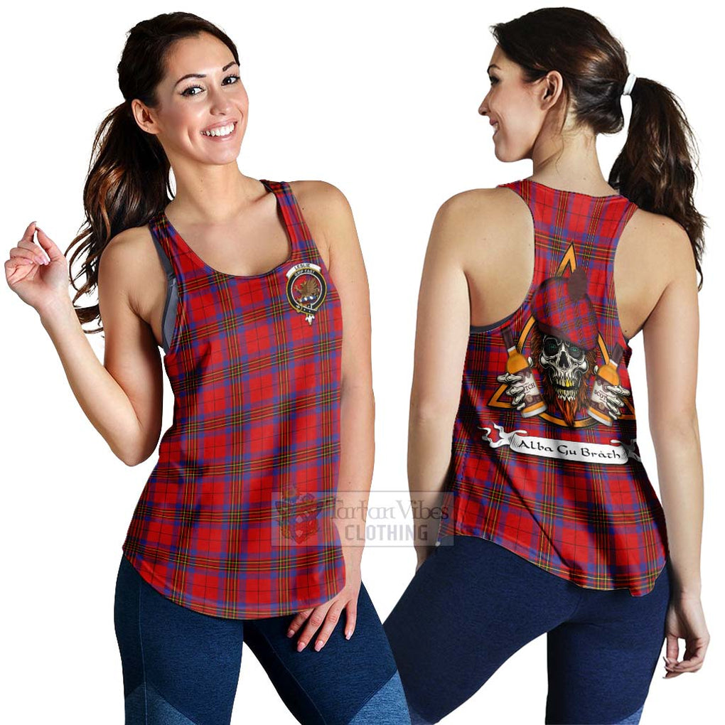 Tartan Vibes Clothing Leslie Tartan Women's Racerback Tanks with Family Crest and Bearded Skull Holding Bottles of Whiskey