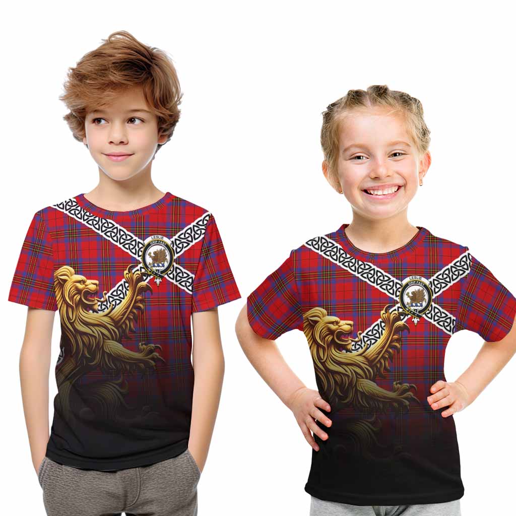Tartan Vibes Clothing Leslie Crest Tartan Kid T-Shirt with Golden Lion Emblem Celtic Style