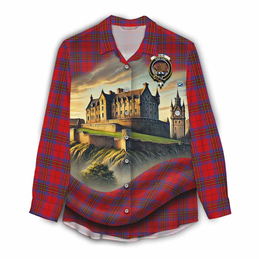 Tartan Vibes Clothing Leslie Tartan Family Crest Women's Casual Shirt with Scottish Ancient Castle Style