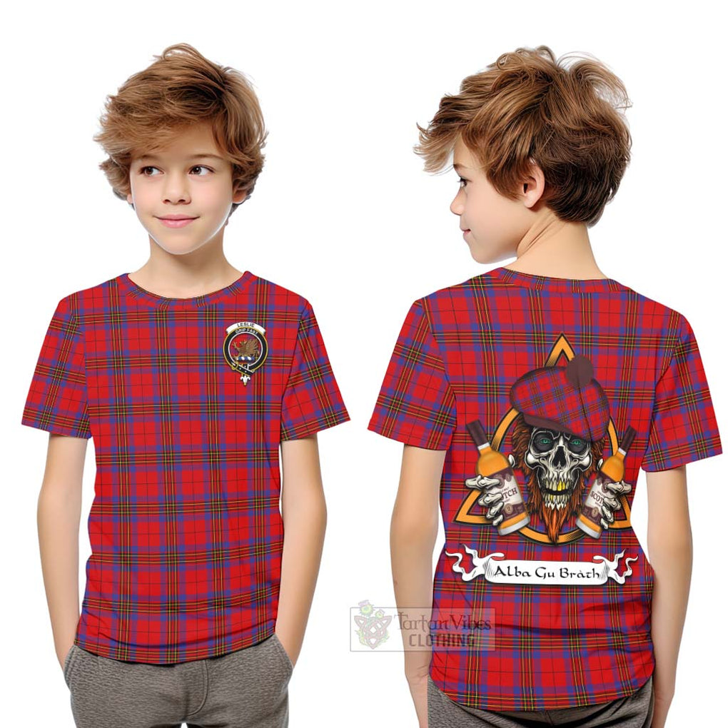 Tartan Vibes Clothing Leslie Tartan Kid T-Shirt with Family Crest and Bearded Skull Holding Bottles of Whiskey