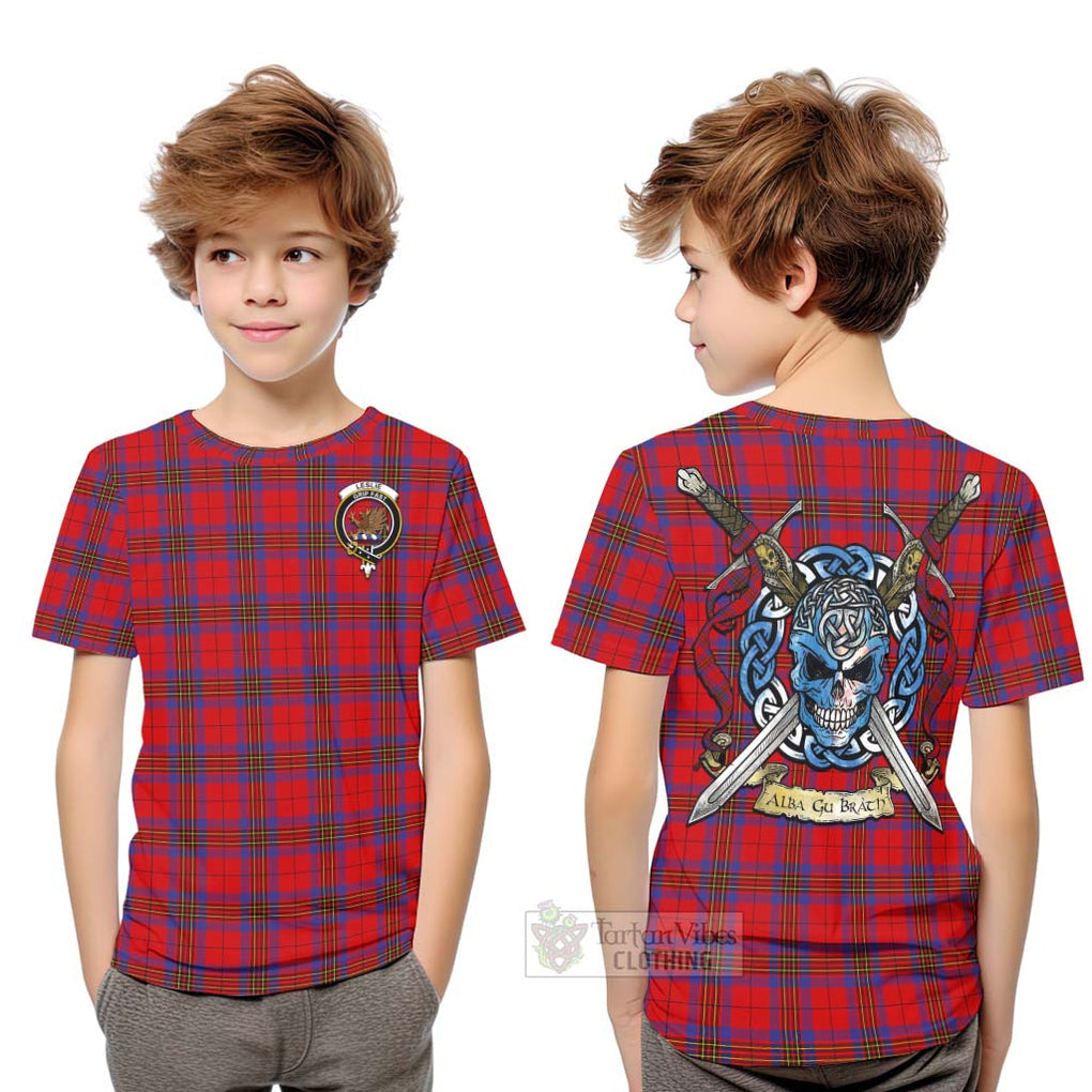 Tartan Vibes Clothing Leslie Tartan Kid T-Shirt with Family Crest Celtic Skull Style