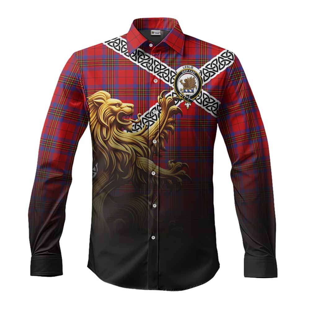 Tartan Vibes Clothing Leslie Crest Tartan Long Sleeve Button Shirt with Golden Lion Emblem Celtic Style