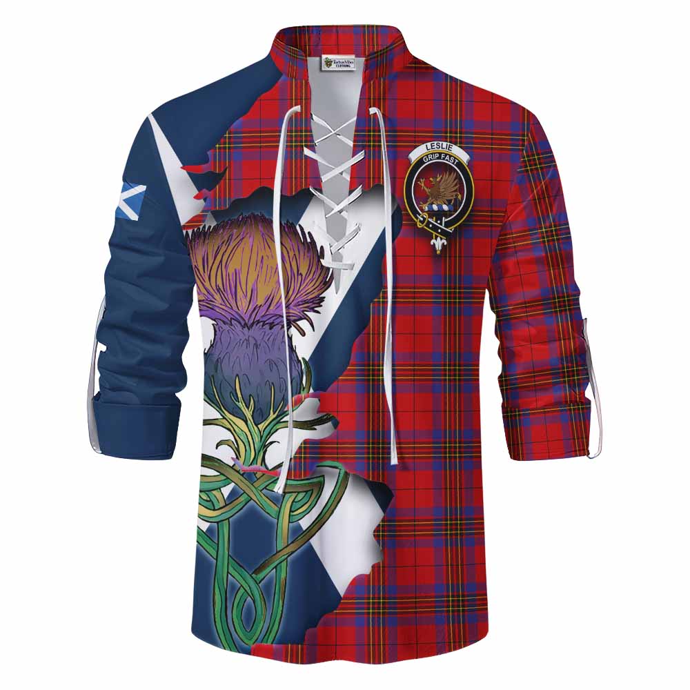 Tartan Vibes Clothing Leslie Tartan Family Crest Ghillie Kilt Shirt Scottish Thistle Celtic Inspired