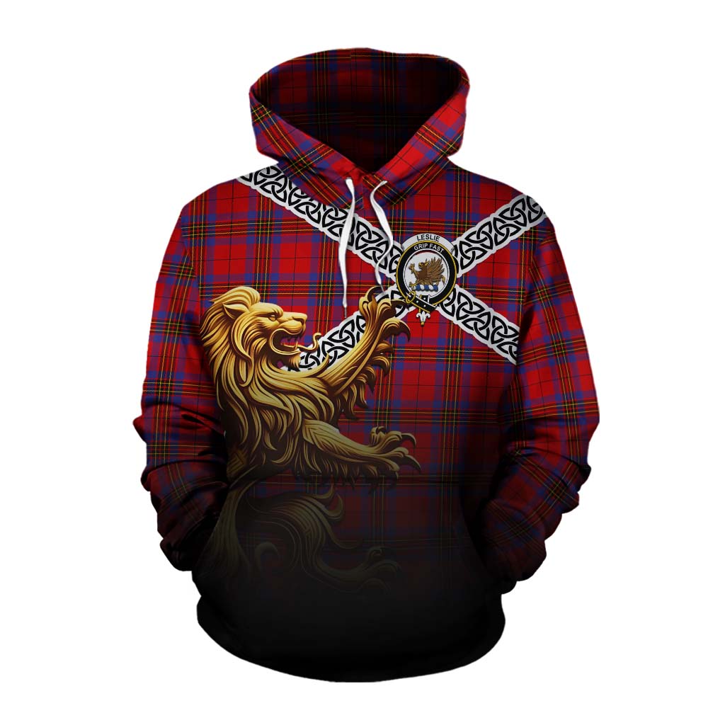 Tartan Vibes Clothing Leslie Crest Tartan Cotton Hoodie with Golden Lion Emblem Celtic Style