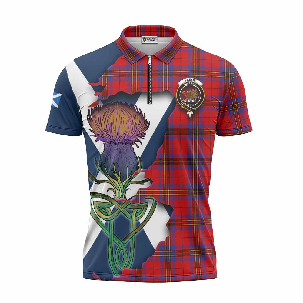 Tartan Vibes Clothing Leslie Tartan Family Crest Zipper Polo Shirt Scottish Thistle Celtic Inspired