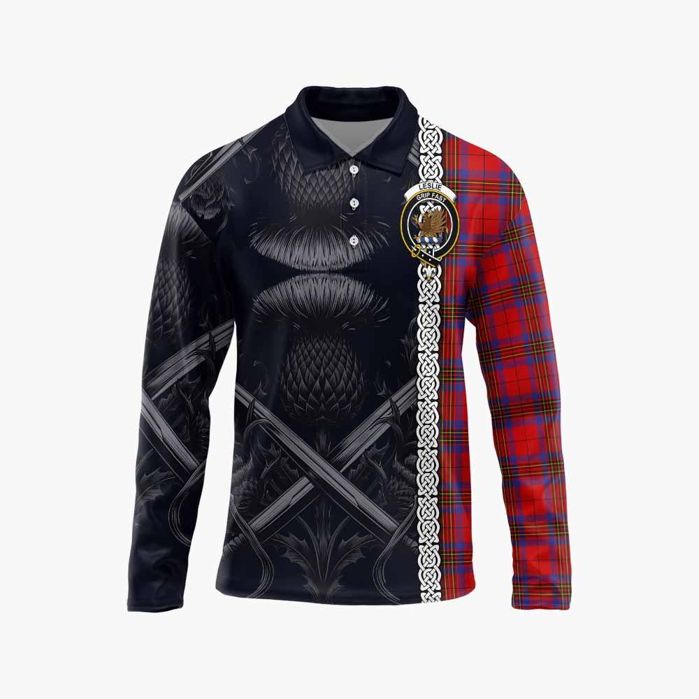 Tartan Vibes Clothing Leslie Tartan Long Sleeve Polo Shirt with Family Crest Cross Sword Thistle Celtic Vibes