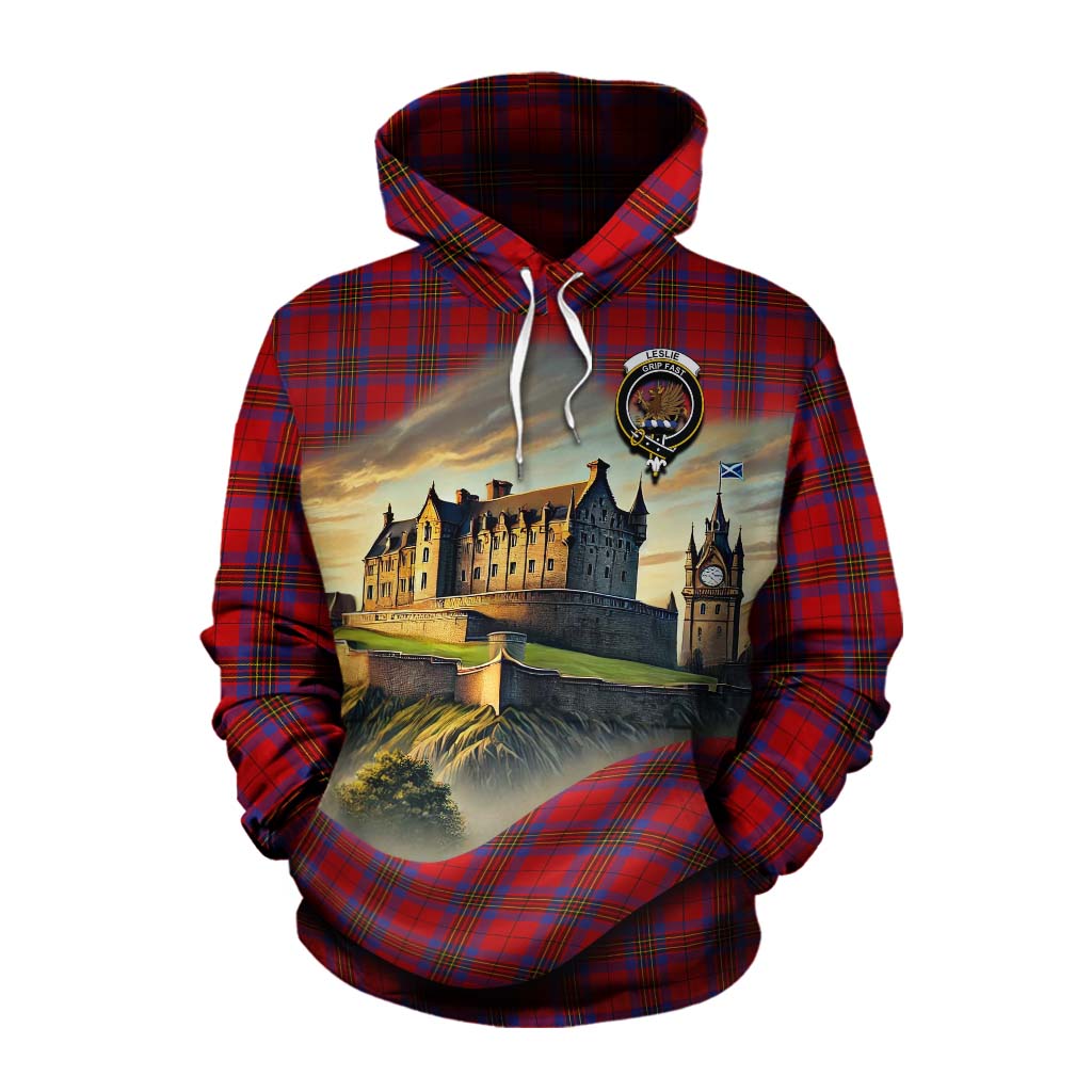 Tartan Vibes Clothing Leslie Tartan Family Crest Cotton Hoodie with Scottish Ancient Castle Style