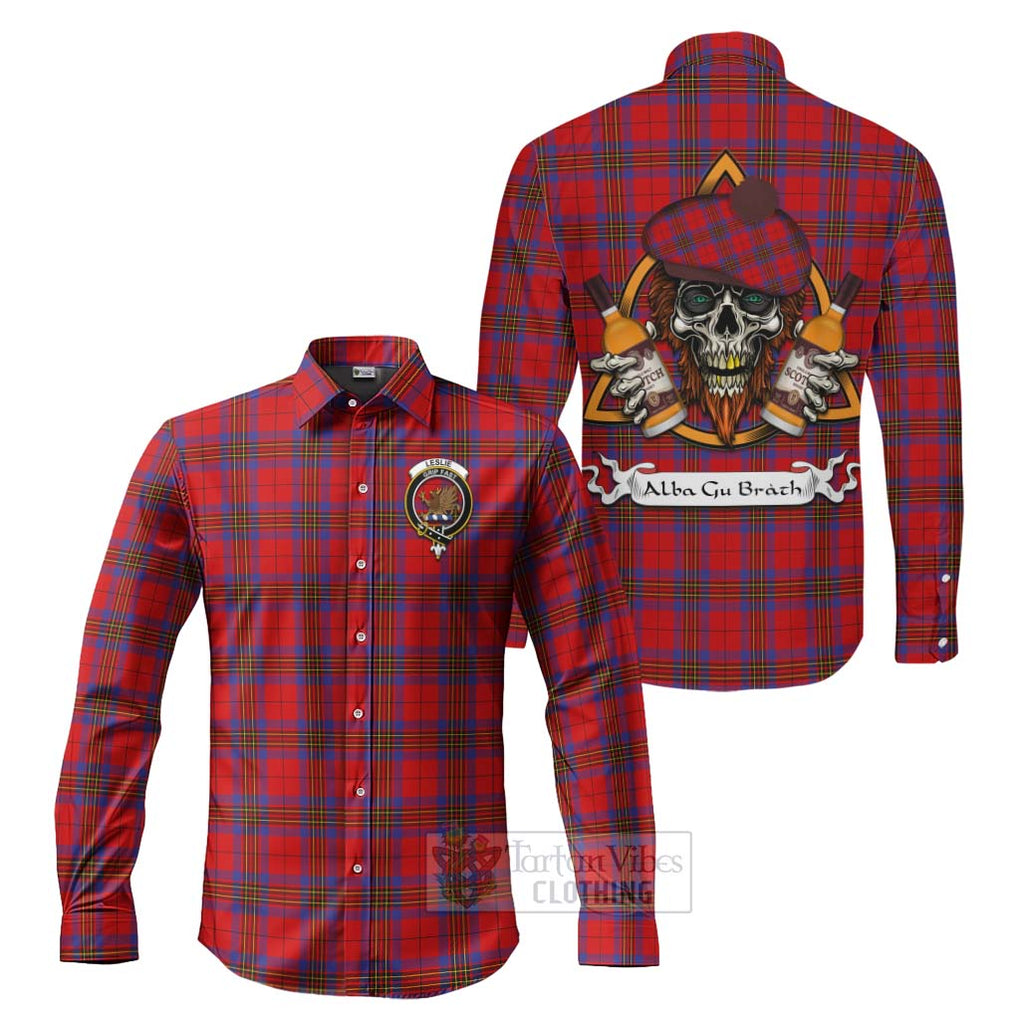 Tartan Vibes Clothing Leslie Tartan Long Sleeve Button Shirt with Family Crest and Bearded Skull Holding Bottles of Whiskey