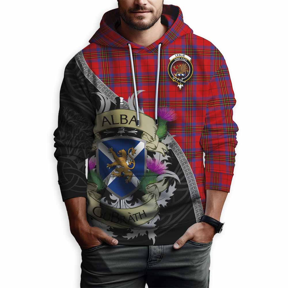 Tartan Vibes Clothing Leslie Tartan Family Crest Hoodie Lion Rampant Royal Thistle Shield Celtic Inspired