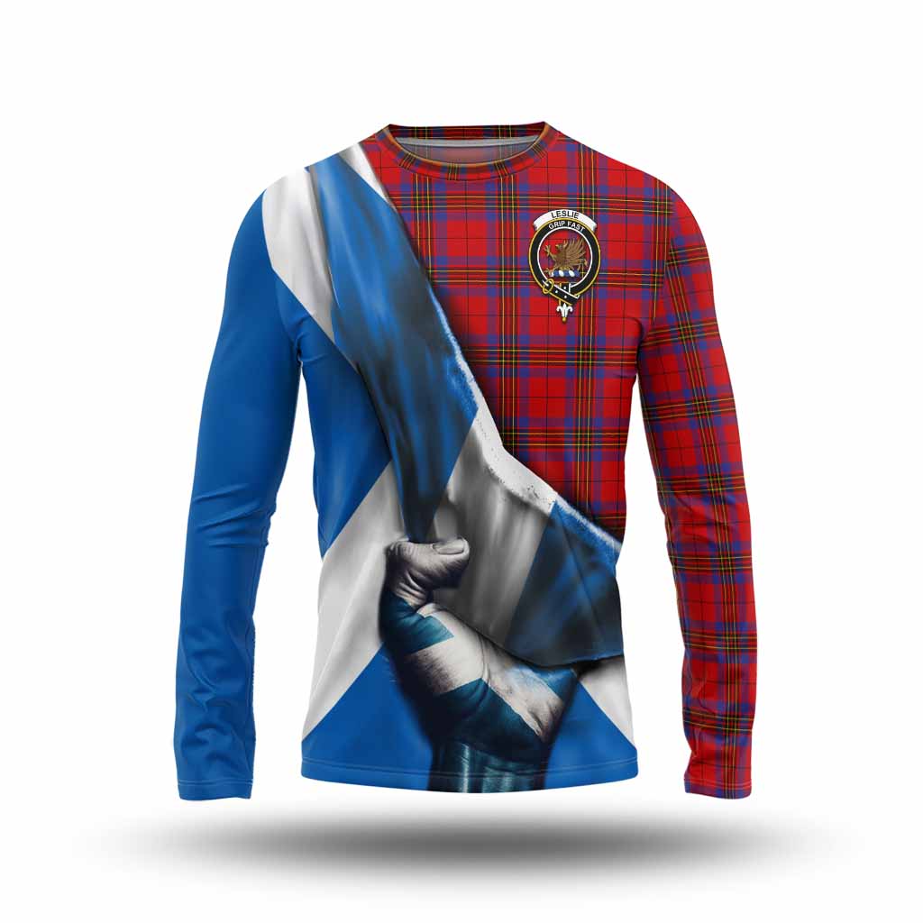 Tartan Vibes Clothing Leslie Tartan Long Sleeve T-Shirt with Family Crest Scotland Patriotic Style
