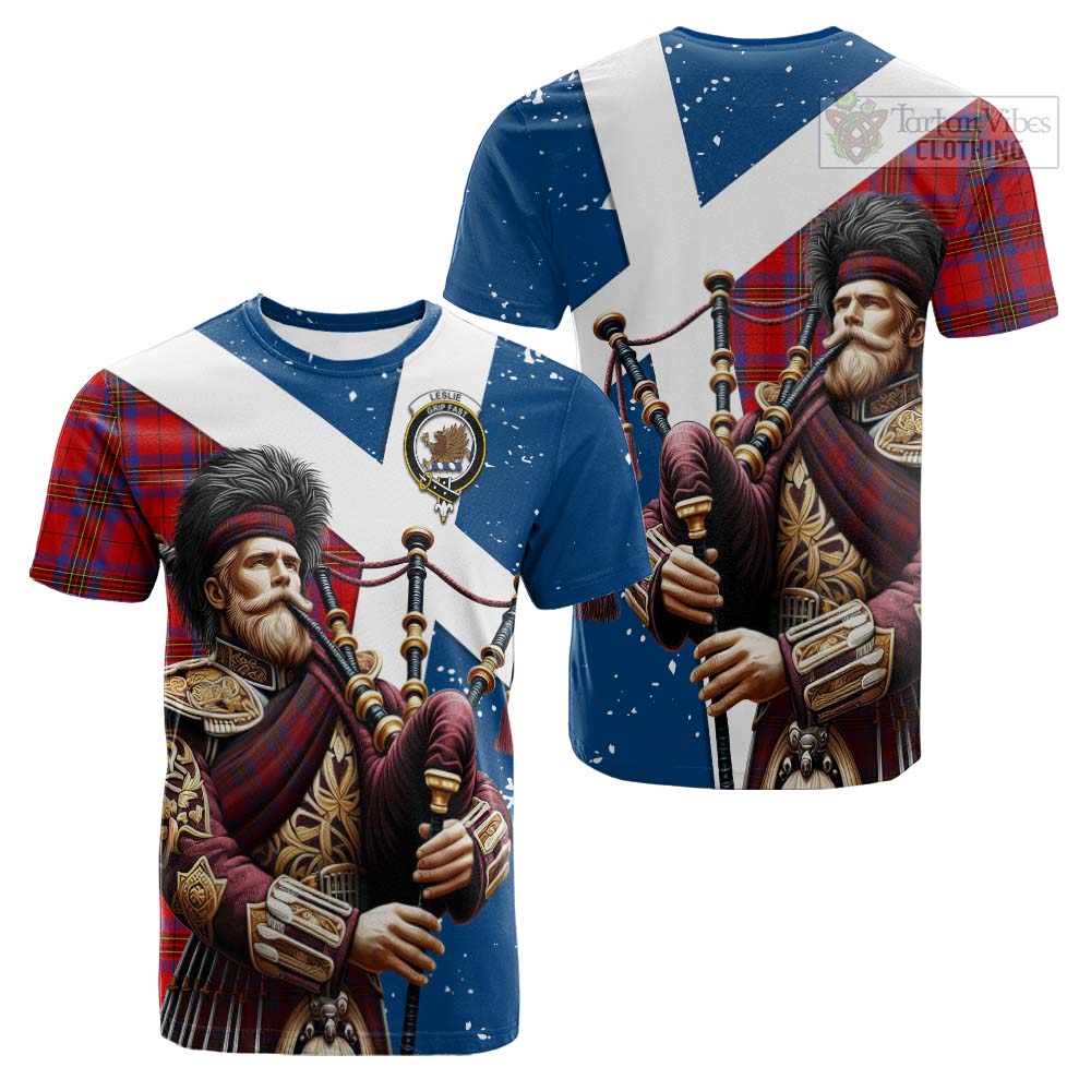 Tartan Vibes Clothing Leslie Tartan Cotton T-shirt with Family Crest Scottish Bagpiper Vibes