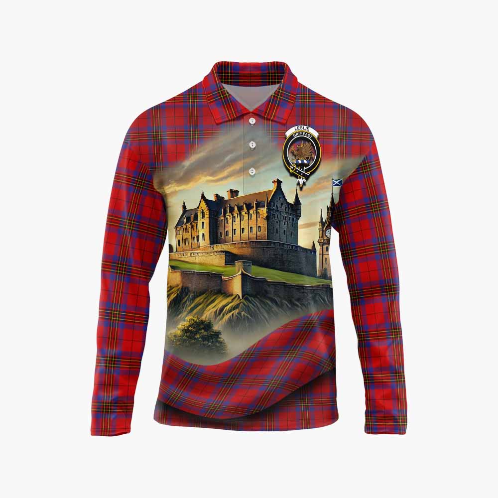 Tartan Vibes Clothing Leslie Tartan Family Crest Long Sleeve Polo Shirt with Scottish Ancient Castle Style