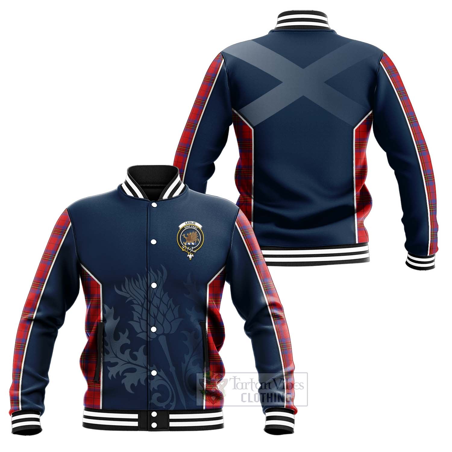 Tartan Vibes Clothing Leslie Tartan Baseball Jacket with Family Crest and Scottish Thistle Vibes Sport Style