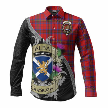 Leslie Tartan Family Crest Long Sleeve Button Shirt Lion Rampant Royal Thistle Shield Celtic Inspired