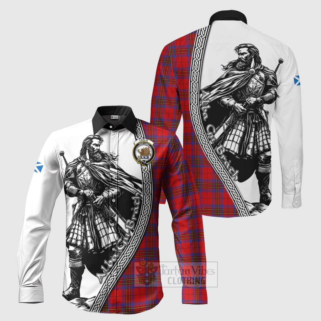 Tartan Vibes Clothing Leslie Tartan Clan Crest Long Sleeve Button Shirt with Highlander Warrior Celtic Style