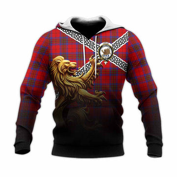 Leslie Crest Tartan Knitted Hoodie with Golden Lion Emblem Celtic Style