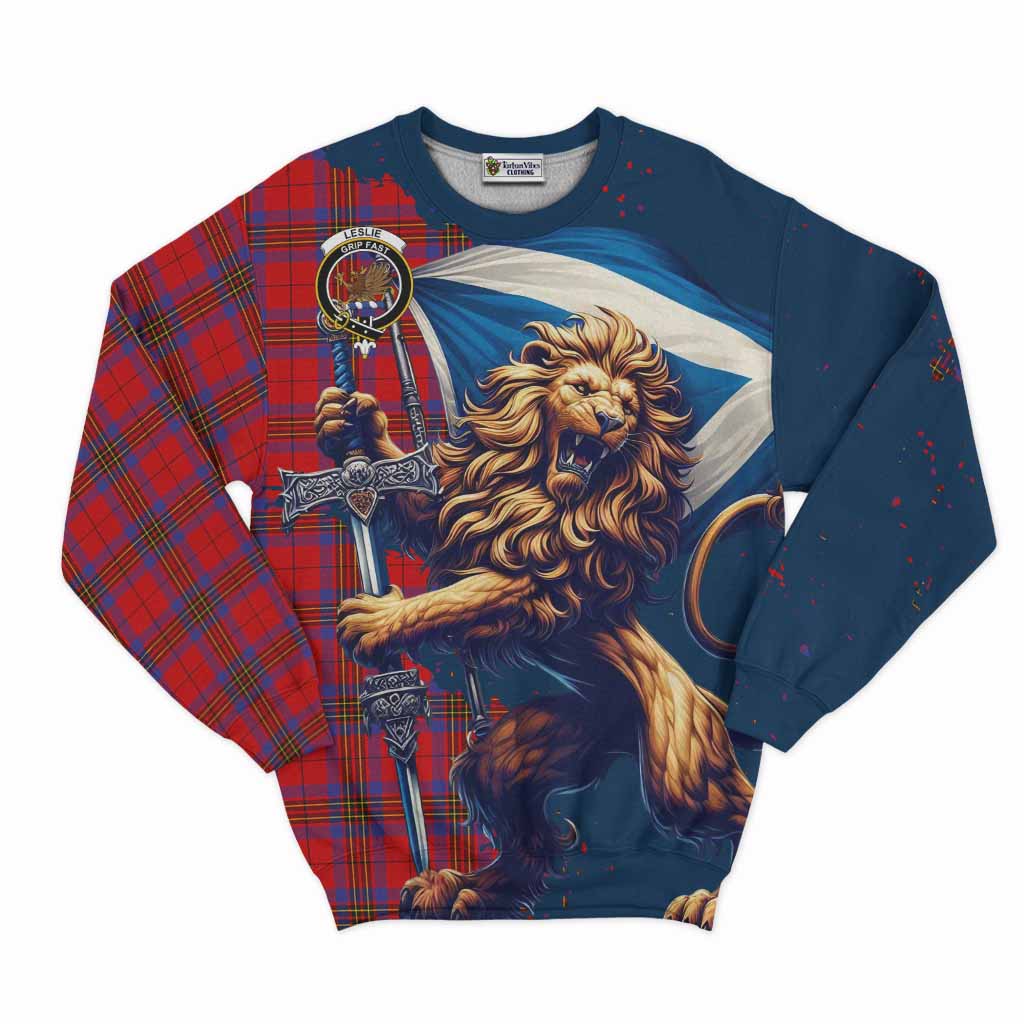 Tartan Vibes Clothing Leslie Tartan Family Crest Sweatshirt with Scottish Majestic Lion