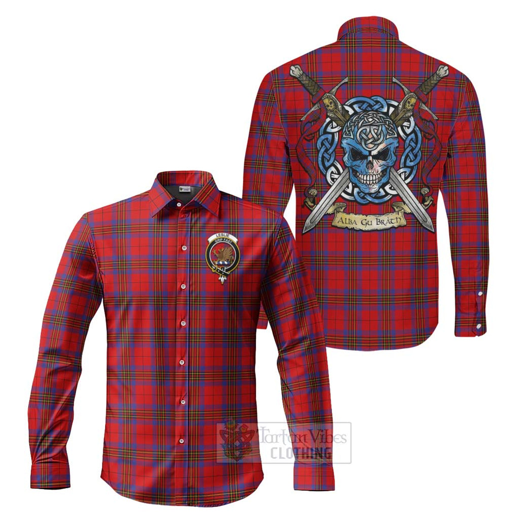 Tartan Vibes Clothing Leslie Tartan Long Sleeve Button Shirt with Family Crest Celtic Skull Style