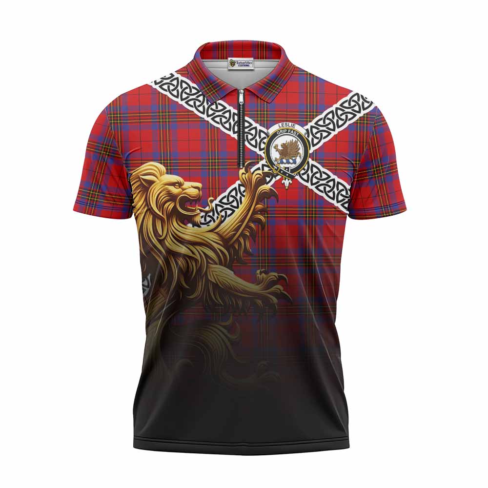 Tartan Vibes Clothing Leslie Crest Tartan Zipper Polo Shirt with Golden Lion Emblem Celtic Style
