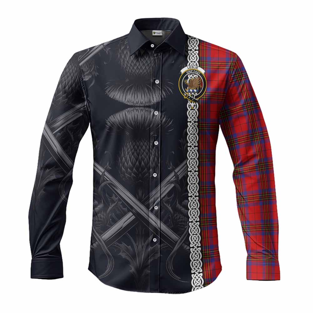 Tartan Vibes Clothing Leslie Tartan Long Sleeve Button Shirt with Family Crest Cross Sword Thistle Celtic Vibes