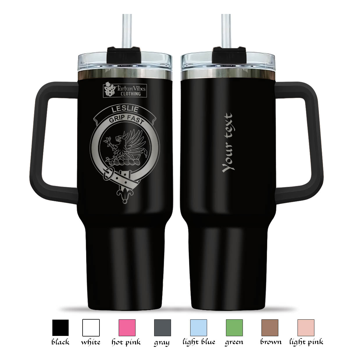 Tartan Vibes Clothing Leslie Engraved Family Crest Tumbler with Handle