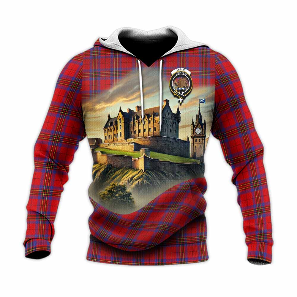 Tartan Vibes Clothing Leslie Tartan Family Crest Knitted Hoodie with Scottish Ancient Castle Style
