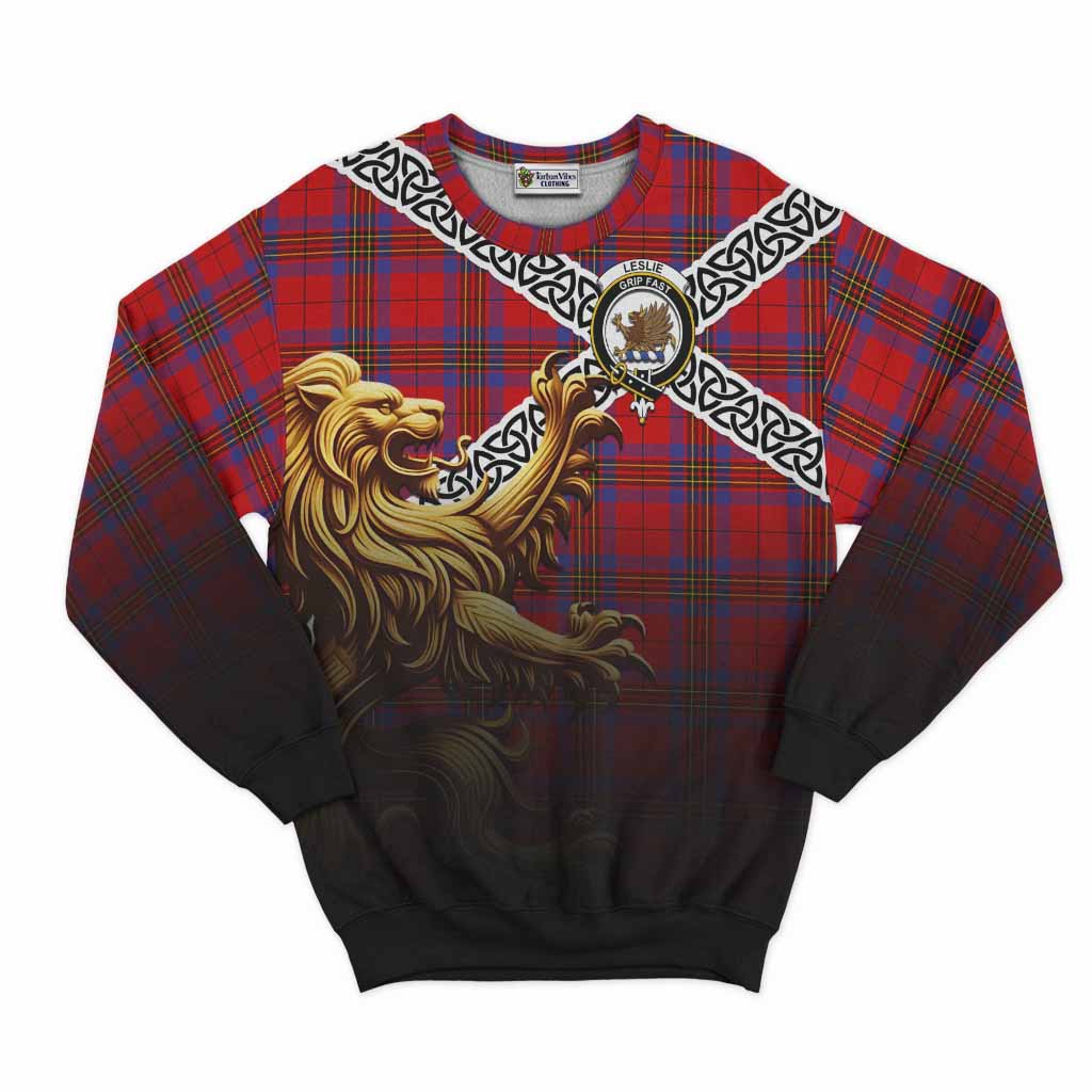 Tartan Vibes Clothing Leslie Crest Tartan Sweatshirt with Golden Lion Emblem Celtic Style