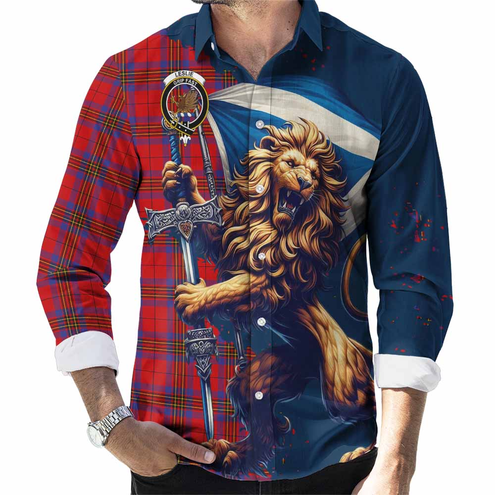 Tartan Vibes Clothing Leslie Tartan Family Crest Long Sleeve Button Shirt with Scottish Majestic Lion