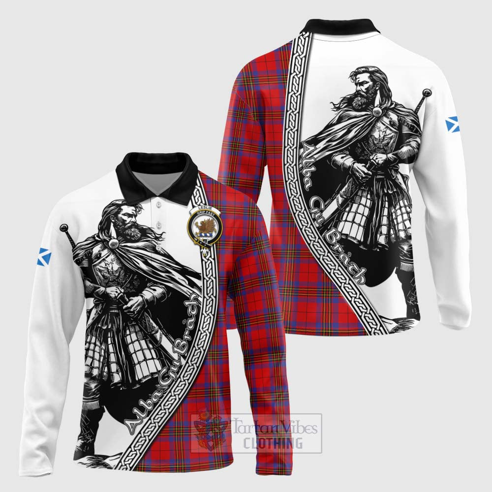 Tartan Vibes Clothing Leslie Tartan Clan Crest Long Sleeve Polo Shirt with Highlander Warrior Celtic Style