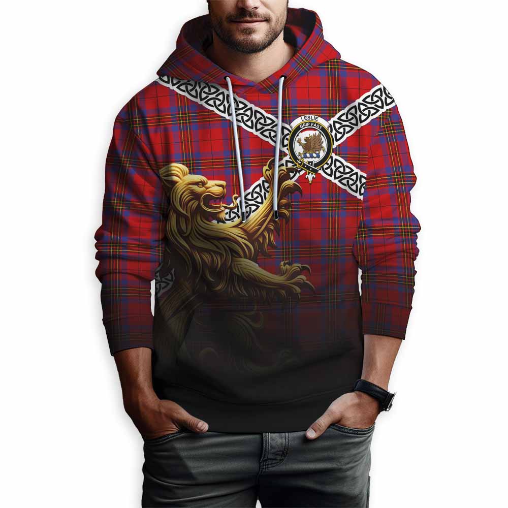 Tartan Vibes Clothing Leslie Crest Tartan Hoodie with Golden Lion Emblem Celtic Style