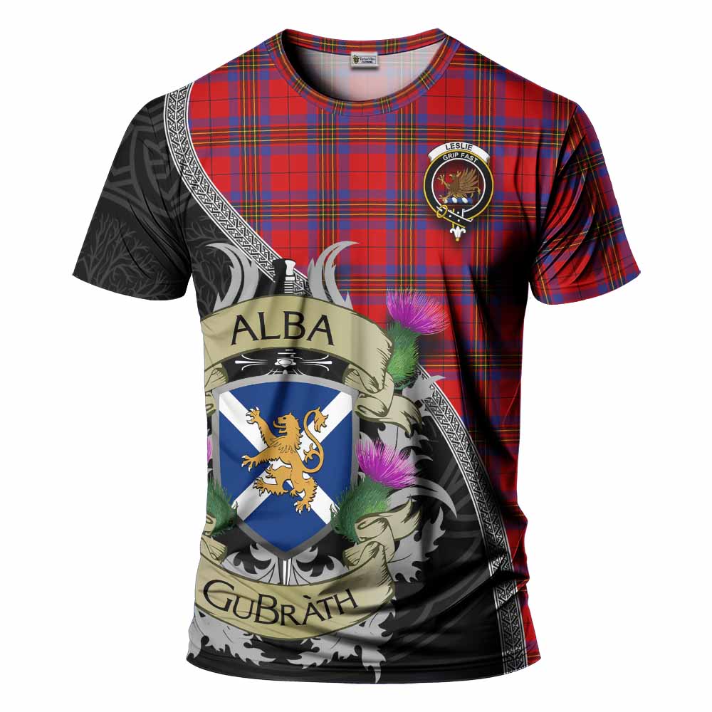 Tartan Vibes Clothing Leslie Tartan Family Crest T-Shirt Lion Rampant Royal Thistle Shield Celtic Inspired