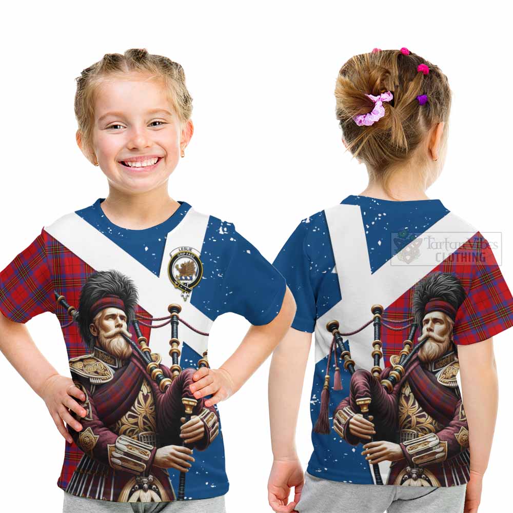 Tartan Vibes Clothing Leslie Tartan Kid T-Shirt with Family Crest Scottish Bagpiper Vibes