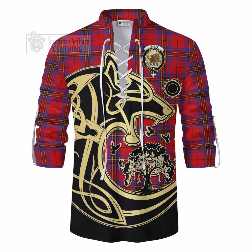 Tartan Vibes Clothing Leslie Tartan Ghillie Kilt Shirt with Family Crest Celtic Wolf Style
