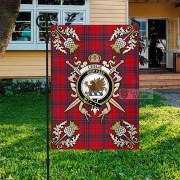 Leslie Tartan Garden Flag with Family Crest and Golden Thistle Crossed Sword Design