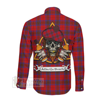 Leslie Tartan Long Sleeve Button Shirt with Family Crest and Bearded Skull Holding Bottles of Whiskey