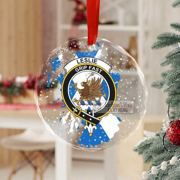 Tartan Vibes Clothing Leslie Clan Crest Christmas Glass Ornament with Scotland Map
