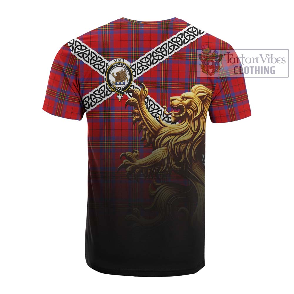 Tartan Vibes Clothing Leslie Crest Tartan Cotton T-shirt with Golden Lion Emblem Celtic Style