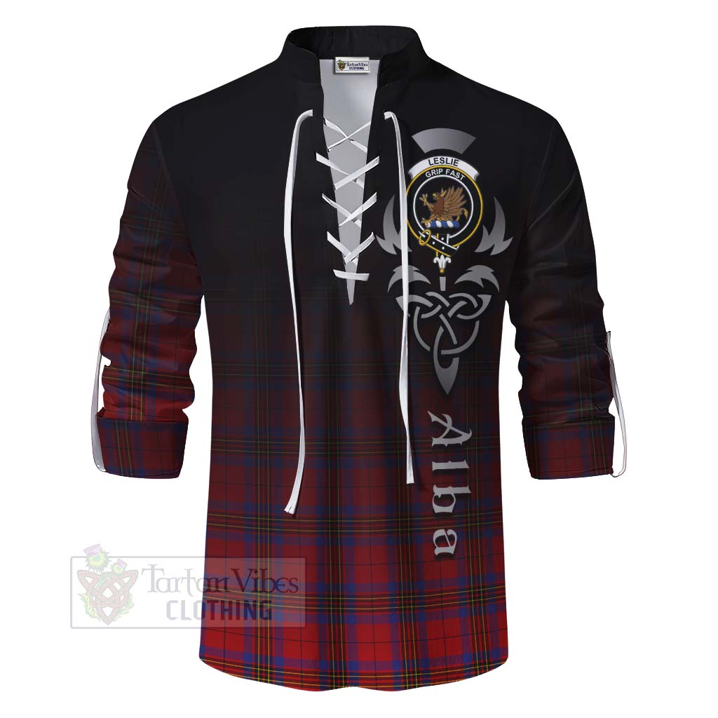 Tartan Vibes Clothing Leslie Tartan Ghillie Kilt Shirt Featuring Alba Gu Brath Family Crest Celtic Inspired