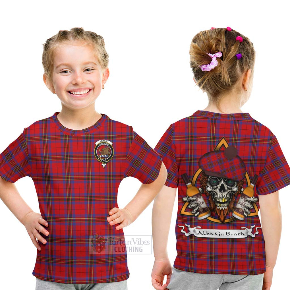Tartan Vibes Clothing Leslie Tartan Kid T-Shirt with Family Crest and Bearded Skull Holding Bottles of Whiskey