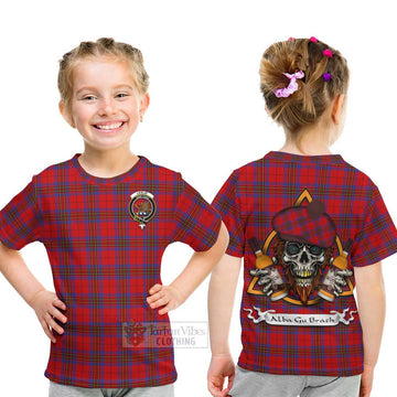 Tartan Vibes Clothing Leslie Tartan Kid T-Shirt with Family Crest and Bearded Skull Holding Bottles of Whiskey