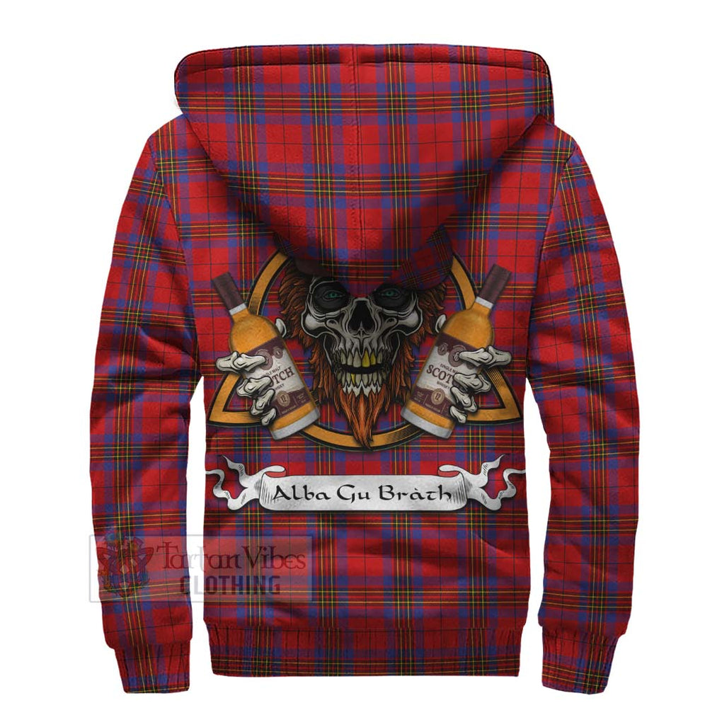Tartan Vibes Clothing Leslie Tartan Sherpa Hoodie with Family Crest and Bearded Skull Holding Bottles of Whiskey
