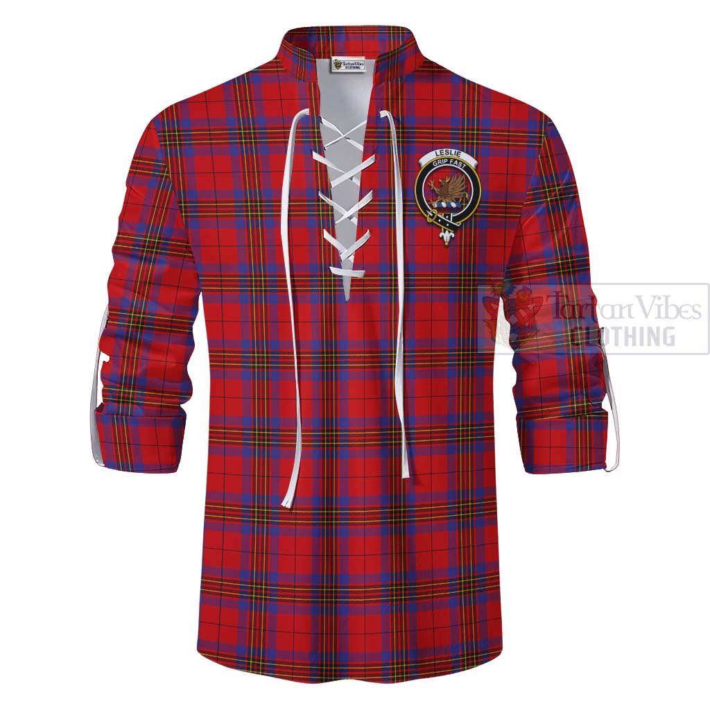 Tartan Vibes Clothing Leslie Tartan Ghillie Kilt Shirt with Family Crest Celtic Skull Style