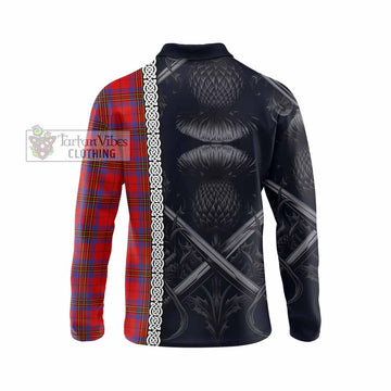 Tartan Vibes Clothing Leslie Tartan Long Sleeve Polo Shirt with Family Crest Cross Sword Thistle Celtic Vibes