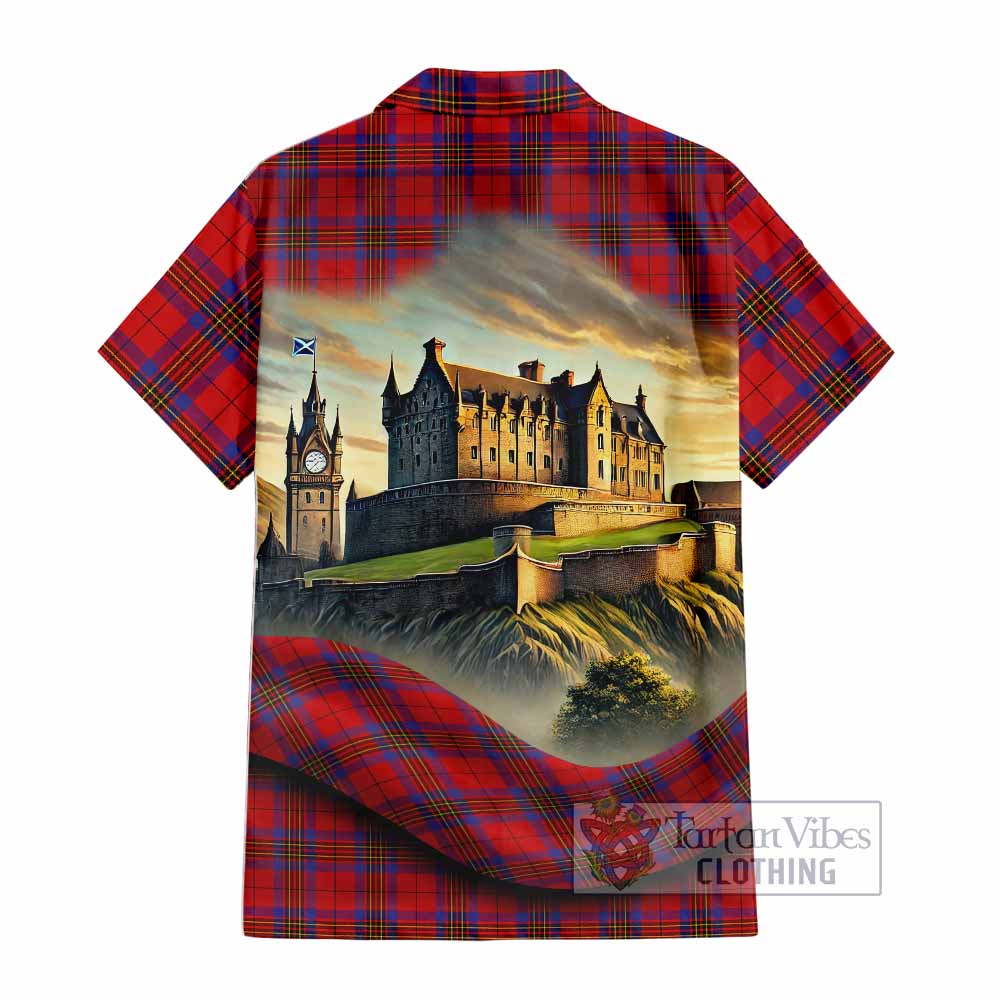 Tartan Vibes Clothing Leslie Tartan Family Crest Short Sleeve Button Shirt with Scottish Ancient Castle Style