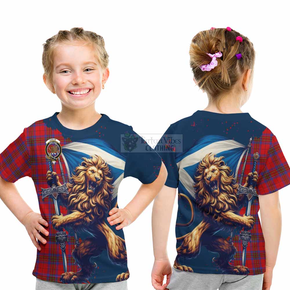 Tartan Vibes Clothing Leslie Tartan Family Crest Kid T-Shirt with Scottish Majestic Lion